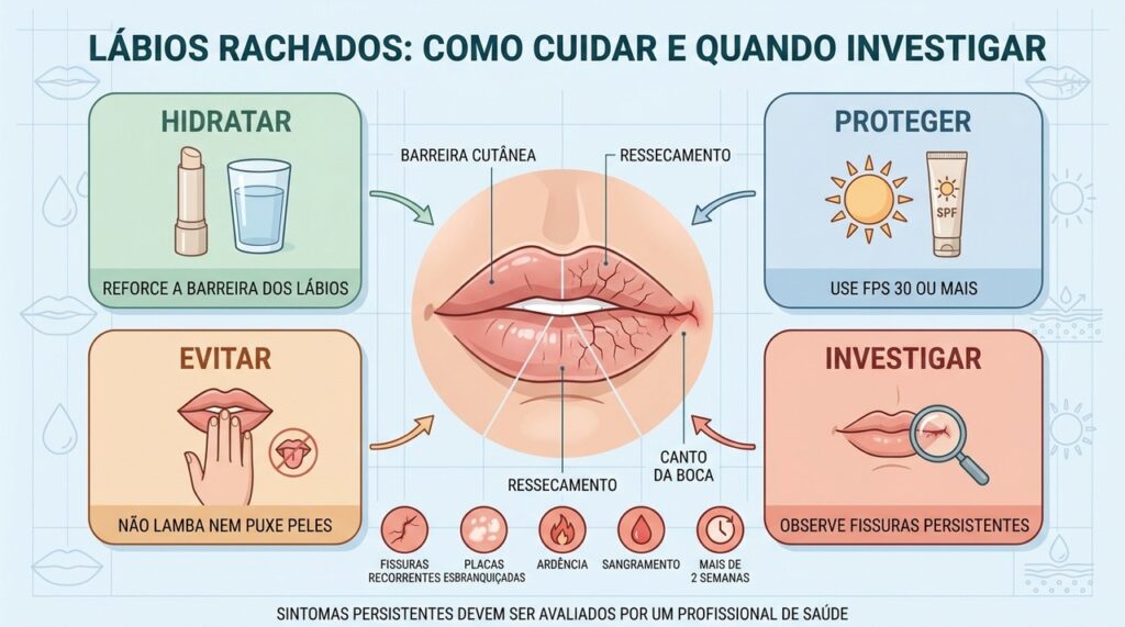 Hidratar, proteger e evitar traumas ajuda a diferenciar ressecamento de sinais persistentes.