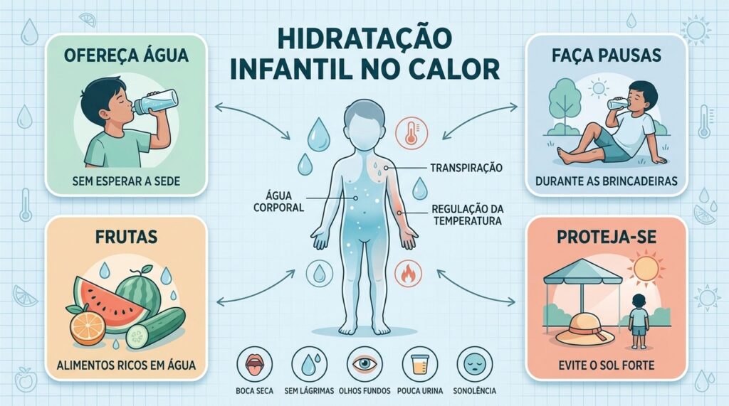 Água, pausas, frutas e sombra ajudam a prevenir desidratação infantil no calor.