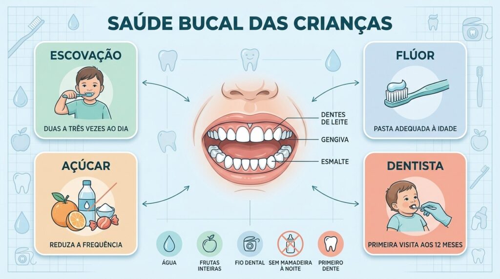 Escovação, flúor, menos açúcar e dentista cedo fortalecem a prevenção de cáries infantis.
