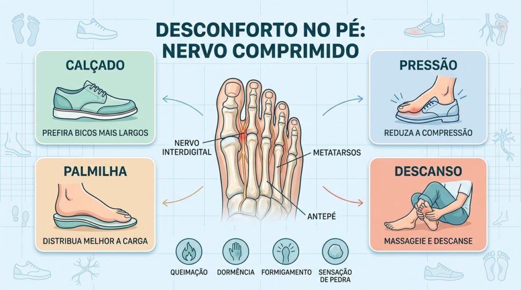 Calçado adequado, menos pressão, palmilha e descanso ajudam no cuidado do nervo comprimido.