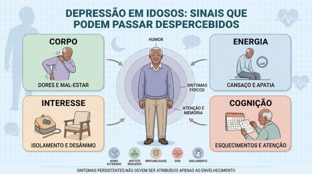 Dores, apatia, isolamento e alterações cognitivas podem indicar depressão em idosos.