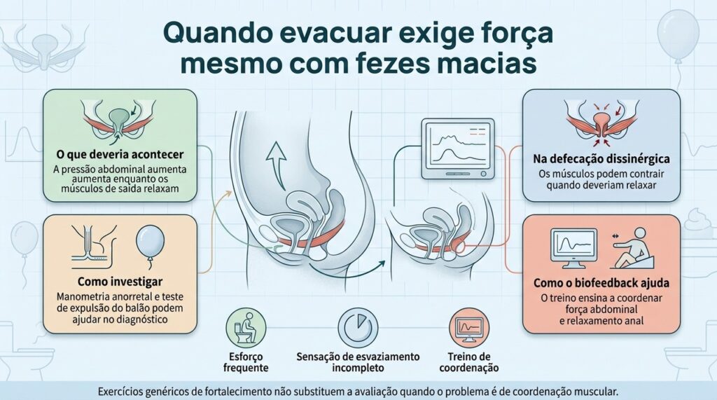 Na defecação dissinérgica, o tratamento pode incluir biofeedback para treinar a coordenação entre força abdominal e relaxamento muscular.