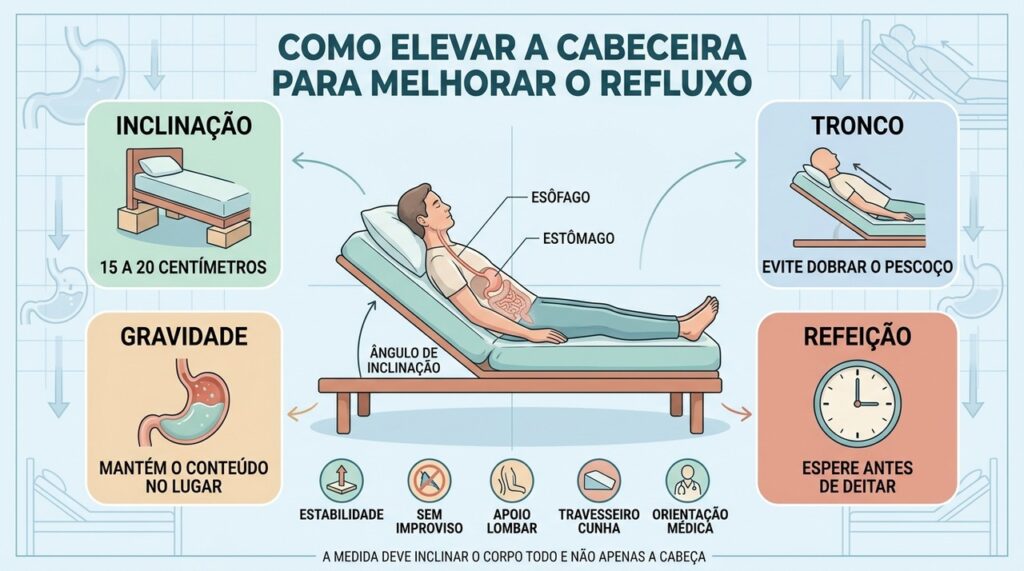 Cabeceira elevada, inclinação correta, horário do jantar e estabilidade melhoram o manejo noturno.