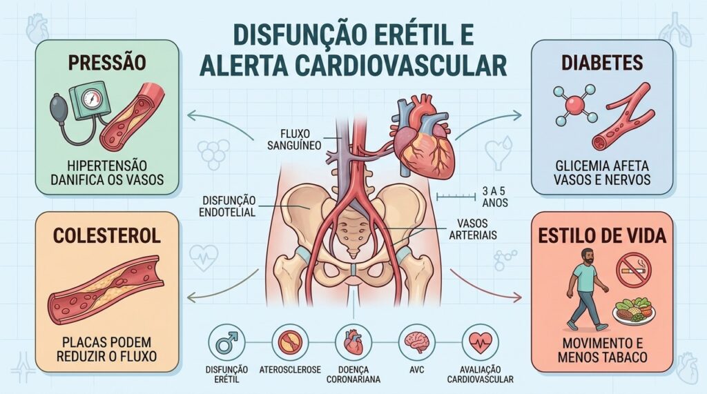 Pressão, diabetes, colesterol e estilo de vida afetam simultaneamente circulação e função erétil.