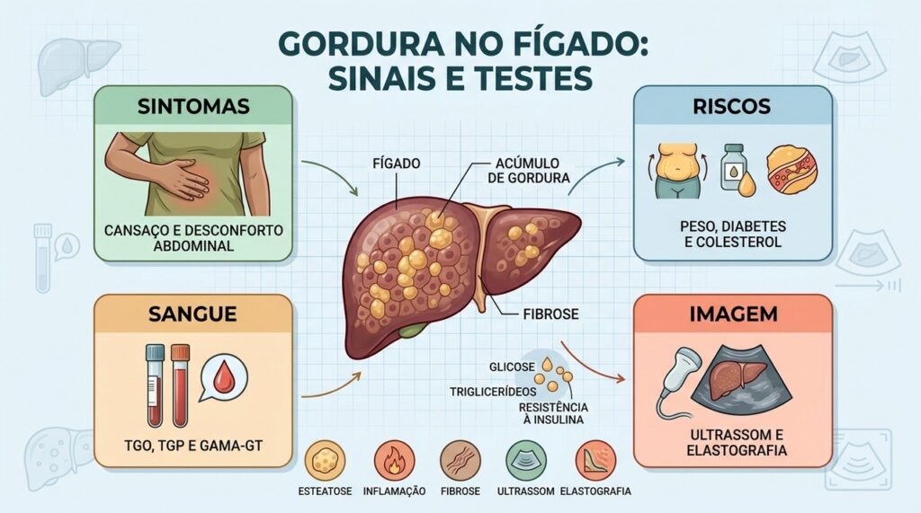 A investigação combina fatores de risco, enzimas hepáticas, ultrassonografia e avaliação da fibrose.