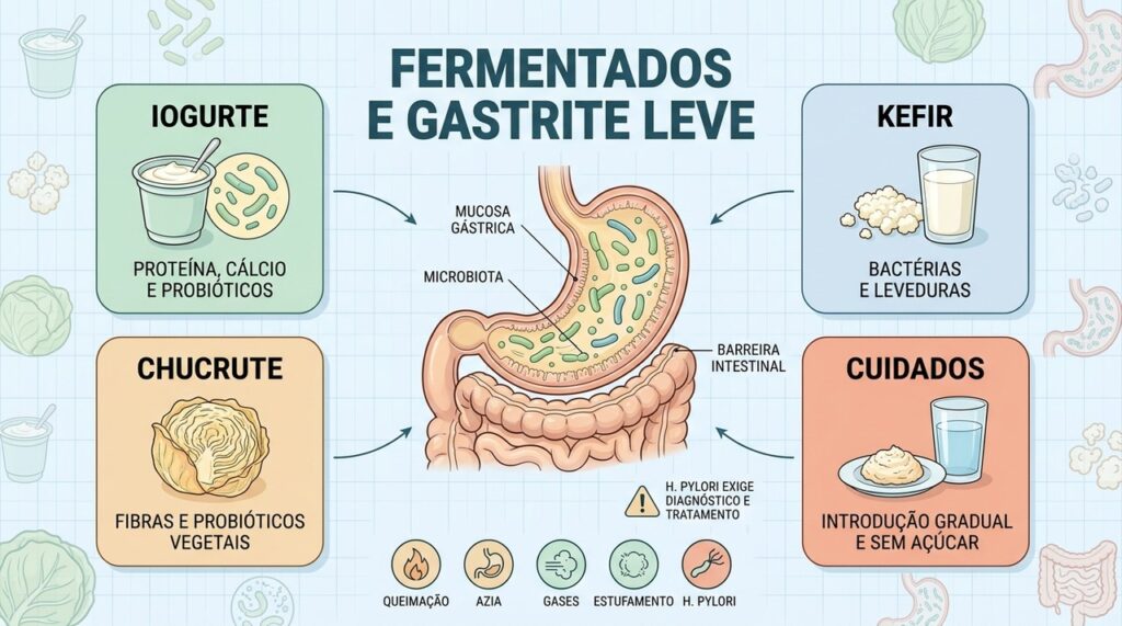 Iogurte, kefir, chucrute e introdução gradual orientam o consumo de fermentados na gastrite leve.