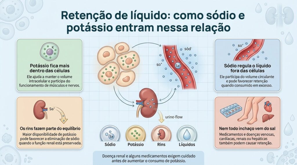 O equilíbrio entre sódio, potássio e função dos rins ajuda a regular os líquidos, mas retenção persistente pode ter outras causas.