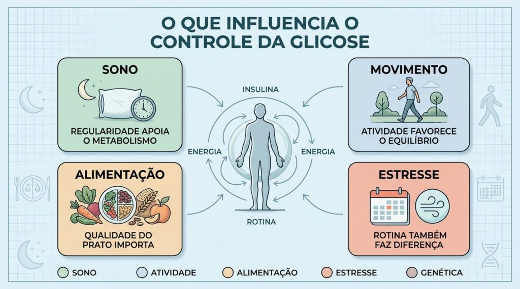 Sono, movimento, alimentação e estresse participam juntos do equilíbrio metabólico diário.
