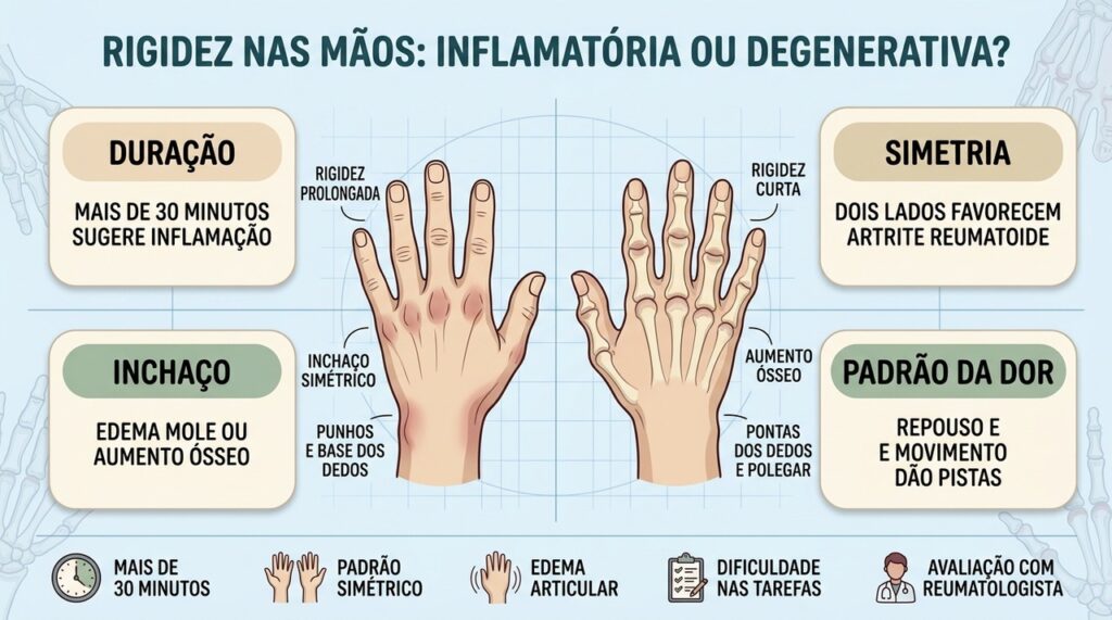 Duração, simetria, inchaço e padrão da dor ajudam a diferenciar artrites.