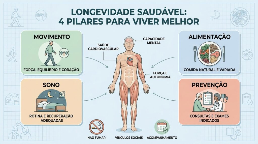 Movimento, alimentação, sono e prevenção sustentam uma longevidade mais saudável e independente.