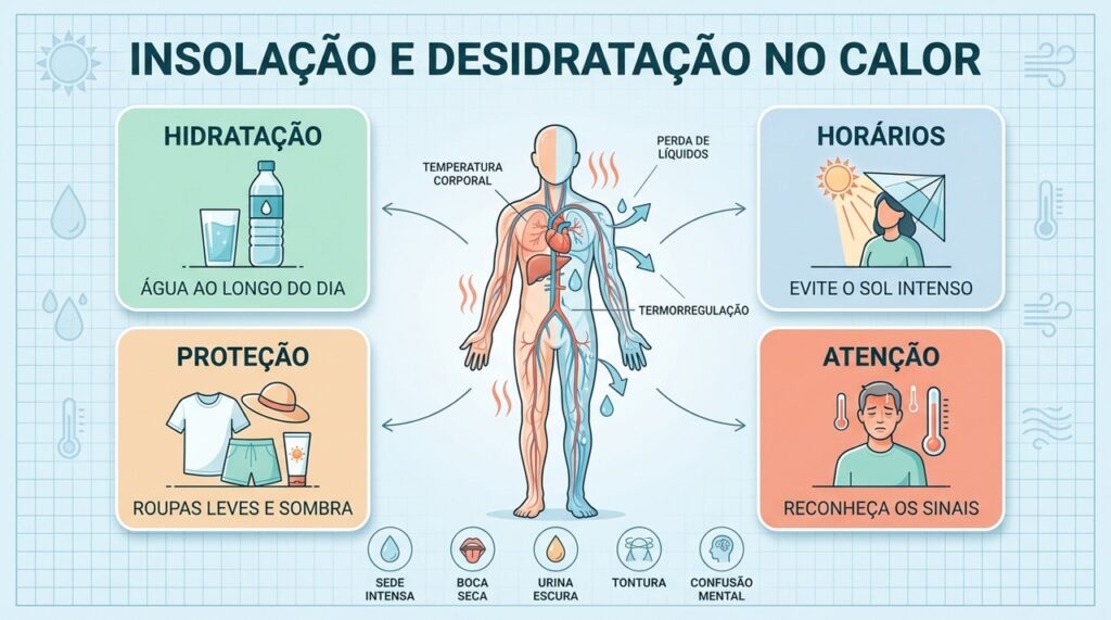 Sede, urina escura, tontura e confusão exigem atenção diante do calor intenso.