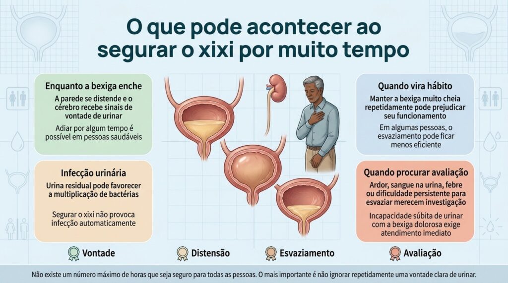 O problema maior não é um episódio isolado, mas repetir o hábito de manter a bexiga muito cheia e adiar o esvaziamento.
