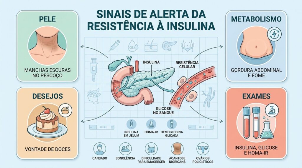 Pele, metabolismo, desejo por doces e exames ajudam a investigar resistência à insulina.