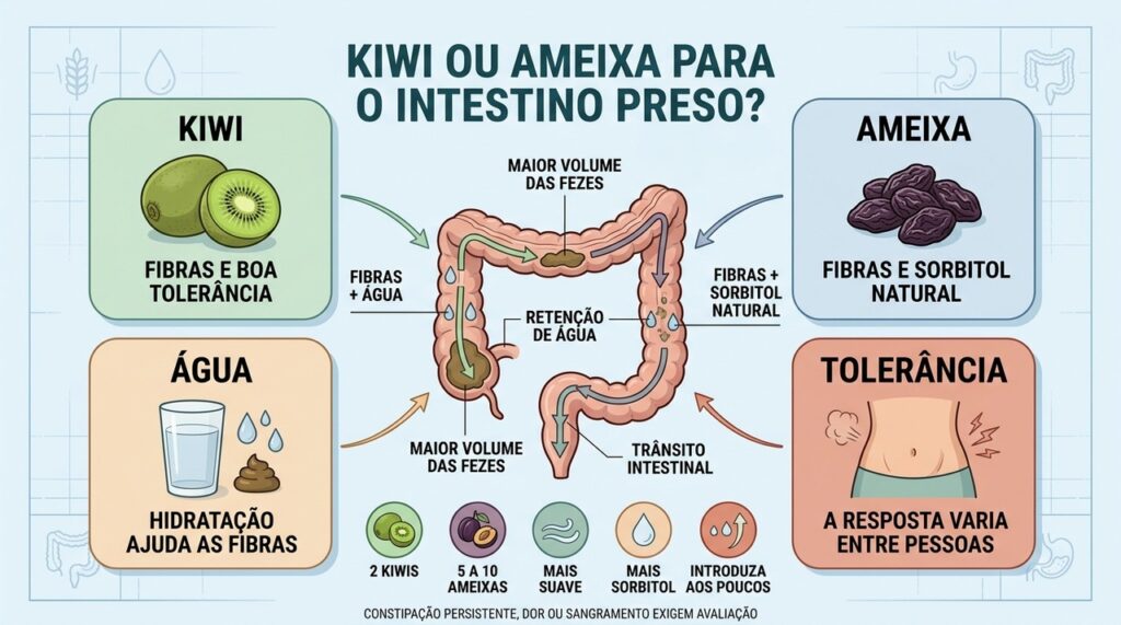 Kiwi oferece fibras e boa tolerância; ameixa combina fibras com sorbitol natural.