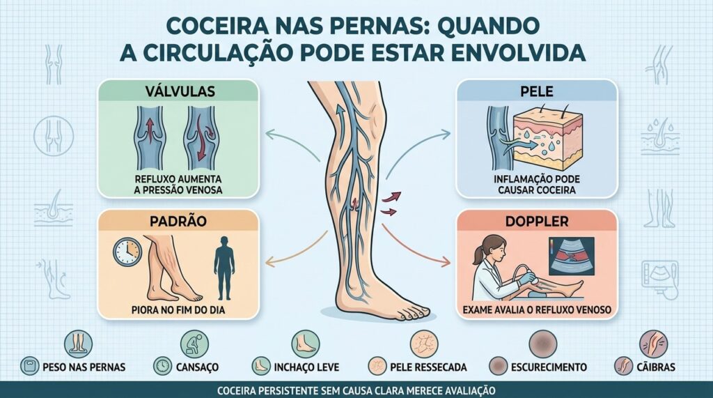 Válvulas, pressão venosa, pele e Doppler ajudam a investigar coceira circulatória.