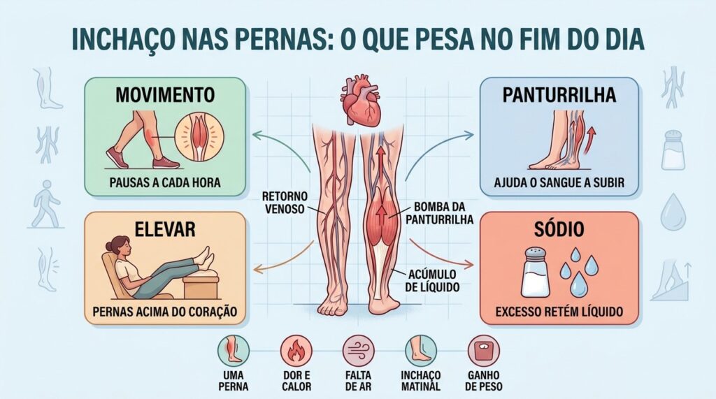 Movimento, panturrilha, elevação e controle do sódio ajudam a reduzir o inchaço.