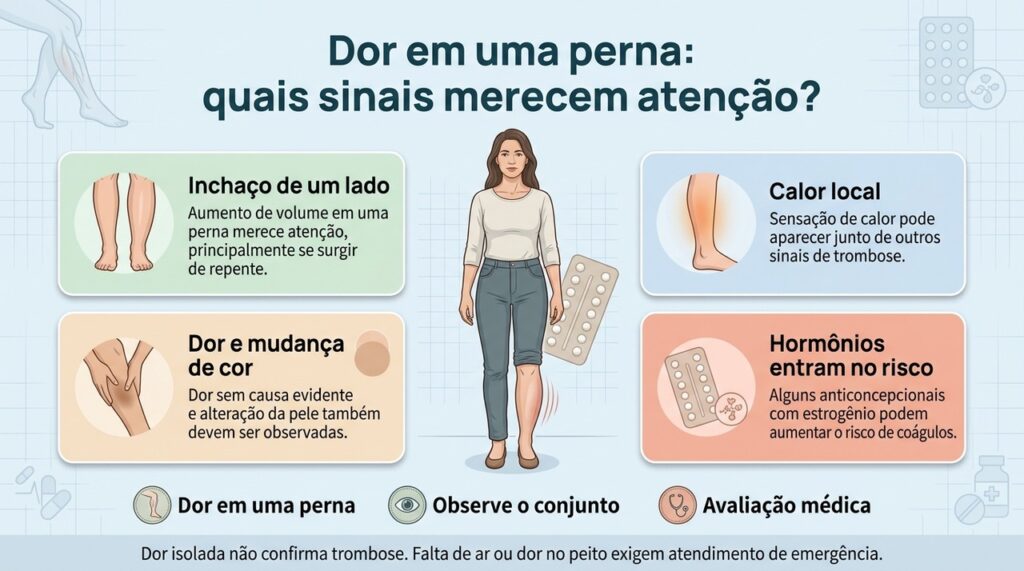 Inchaço unilateral, calor e mudança de cor junto da dor aumentam a necessidade de avaliação médica.