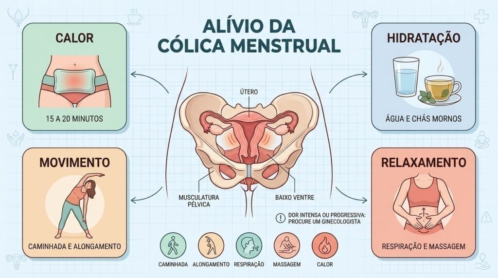 Calor, hidratação, movimento e relaxamento oferecem estratégias simples para aliviar cólicas menstruais.
