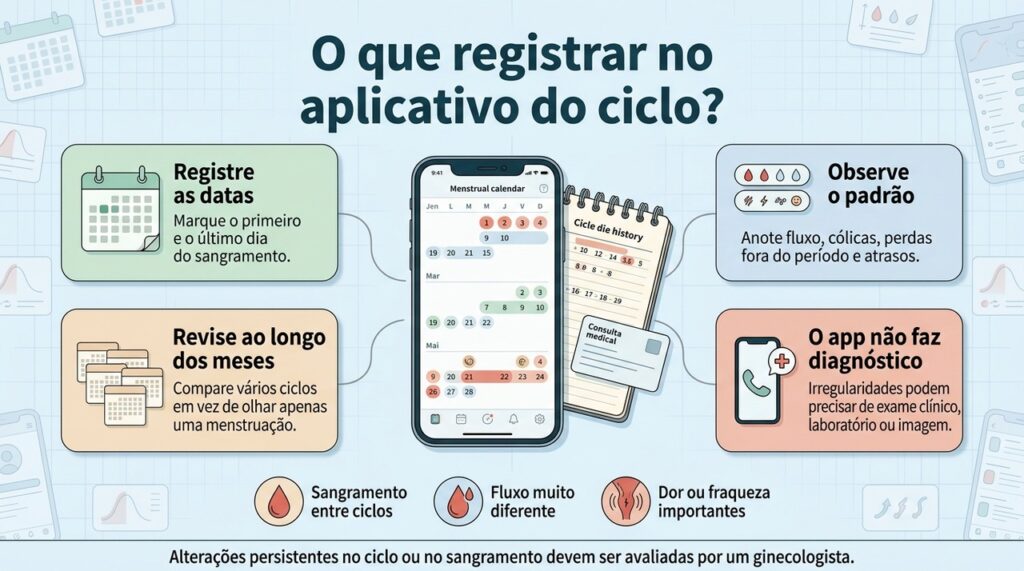 Registrar datas, fluxo e sintomas ao longo dos meses ajuda a organizar informações para a avaliação ginecológica.