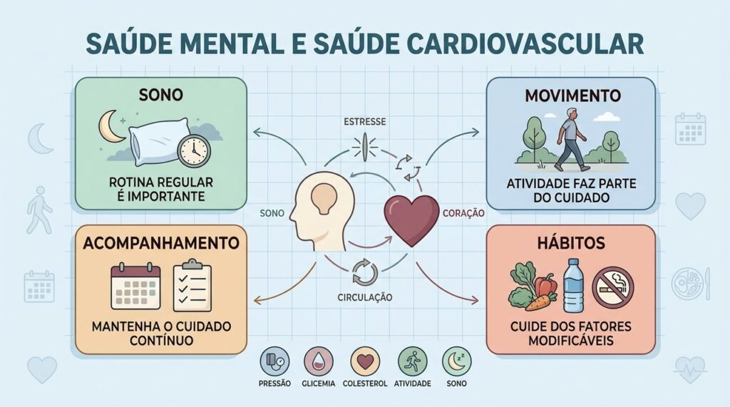 Sono, movimento, acompanhamento e hábitos saudáveis conectam o cuidado mental ao cardiovascular.
