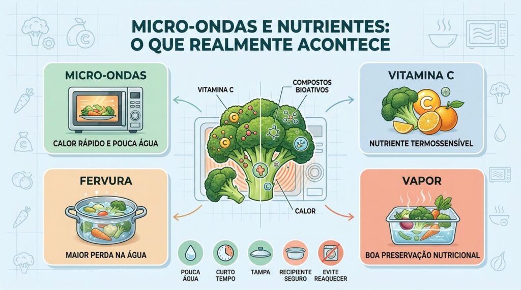 Pouca água e preparo rápido ajudam a preservar vitaminas e compostos dos alimentos.