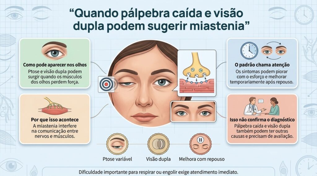 O padrão flutuante de fraqueza ocular é uma pista possível de miastenia, mas o diagnóstico depende de avaliação médica.