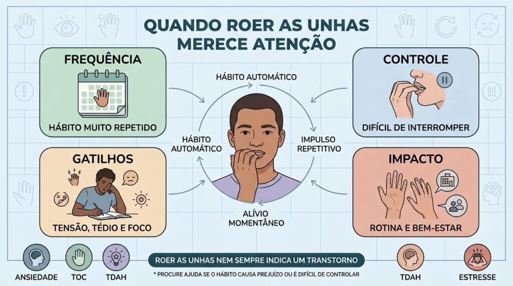 Frequência, gatilhos, controle e impacto mostram quando a onicofagia merece avaliação.