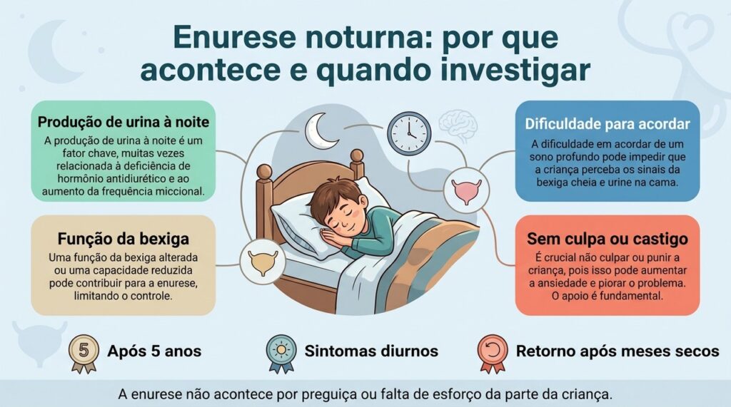 A enurese pode envolver amadurecimento neurológico, produção de urina, funcionamento da bexiga e outros fatores que precisam ser avaliados sem culpar a criança.