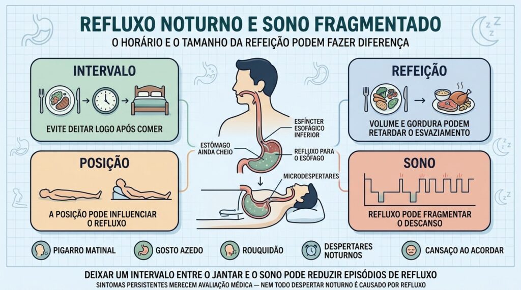 Intervalo após o jantar, refeição leve e posição podem reduzir refluxo noturno.