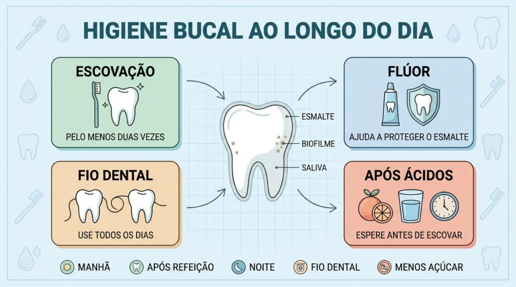 Escovação, flúor, fio dental e cuidado após ácidos reforçam a proteção diária.
