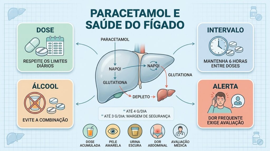 Dose, intervalo, álcool e sinais de alerta ajudam a prevenir toxicidade hepática.