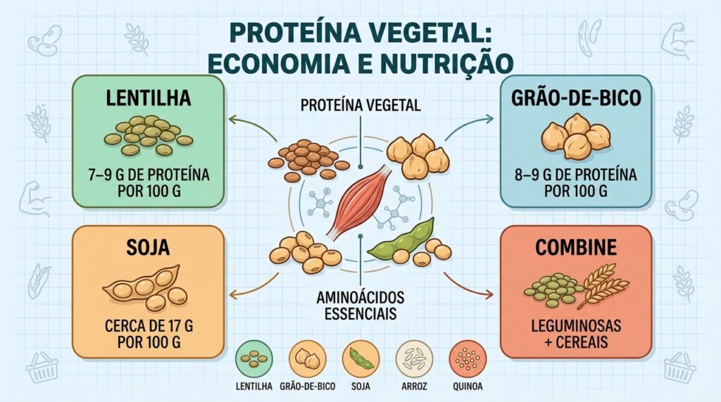 Lentilha, grão-de-bico, soja e cereais combinam proteína, fibras e economia no prato.