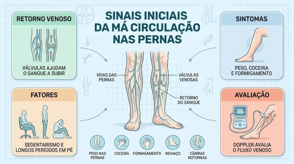 Peso, coceira, inchaço e cãibras estão entre os sinais iniciais da insuficiência venosa.