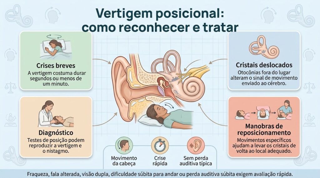 A VPPB costuma causar crises curtas desencadeadas por movimentos da cabeça e pode melhorar com manobras de reposicionamento.