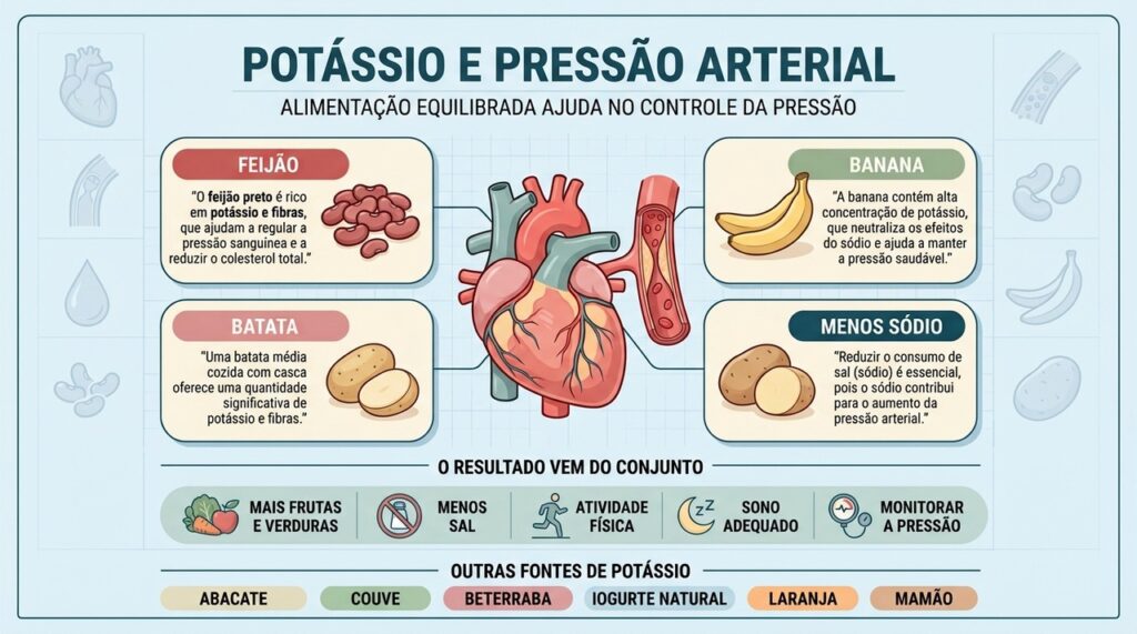 Potássio, menos sódio, atividade física e hábitos saudáveis atuam juntos na pressão.