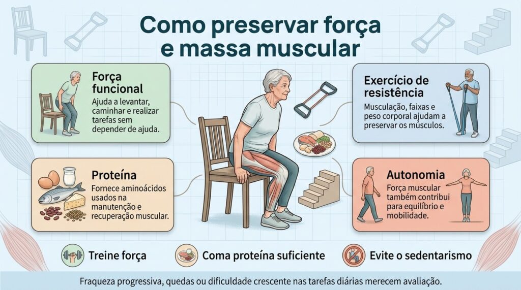 Preservar força e massa muscular é uma das bases para manter mobilidade, equilíbrio e autonomia no envelhecimento.