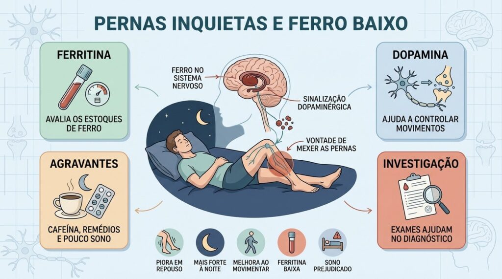 Ferritina, dopamina, fatores agravantes e exames ajudam a investigar pernas inquietas.