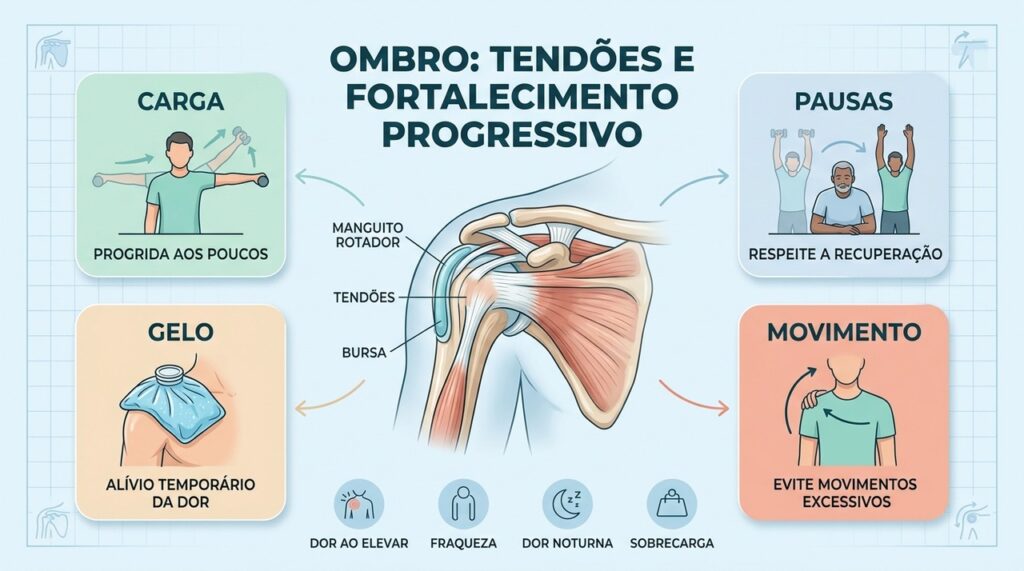 Quatro pilares ajudam no cuidado do ombro: carga gradual, pausas, gelo e movimento controlado.