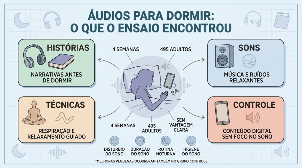 O ensaio comparou histórias, sons, técnicas guiadas e um controle digital ativo.
