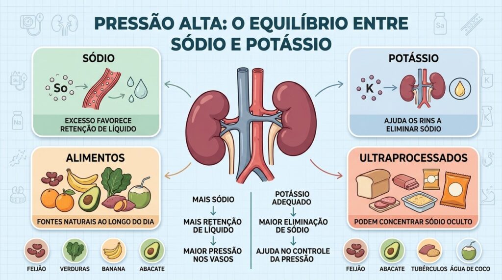 Sódio, potássio, alimentos naturais e ultraprocessados influenciam o equilíbrio da pressão arterial.
