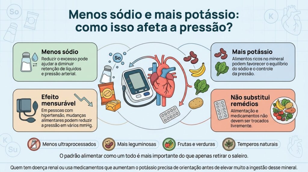 A combinação de menos sódio e mais potássio pode ajudar no controle da pressão, mas ajustes nos remédios dependem de avaliação médica.