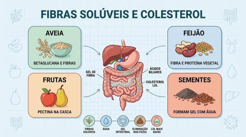Fibras solúveis formam um gel intestinal que favorece a redução gradual do LDL.