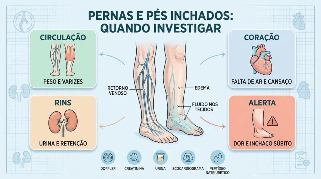 Quatro caminhos orientam a investigação: circulação, coração, rins e sinais de alerta.