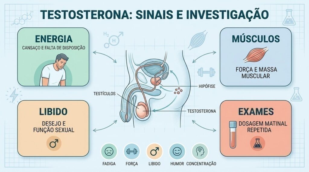 Energia, músculos, libido e exames ajudam a investigar possíveis alterações de testosterona.