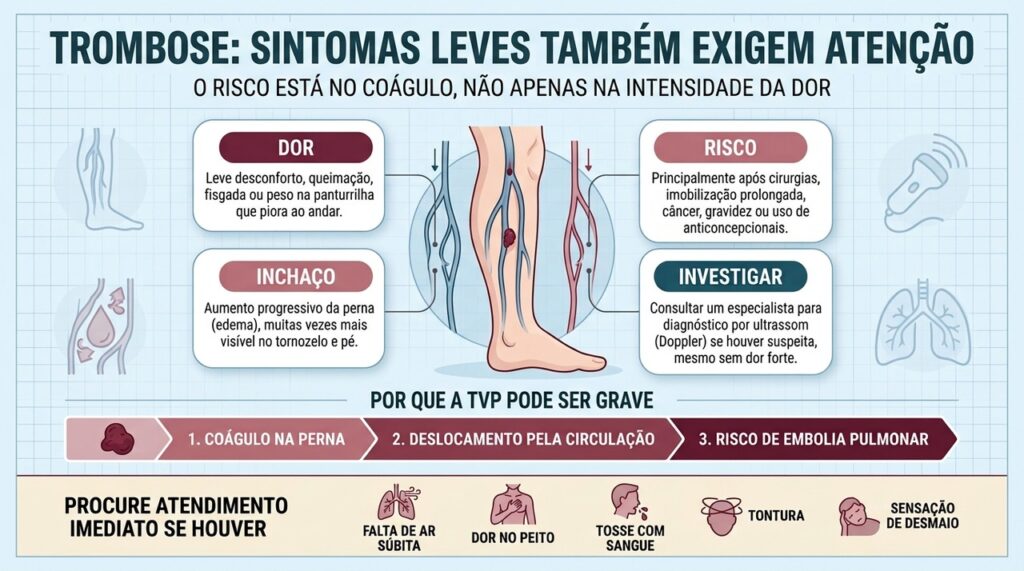 Dor, inchaço unilateral, fatores de risco e falta de ar orientam a suspeita de trombose.