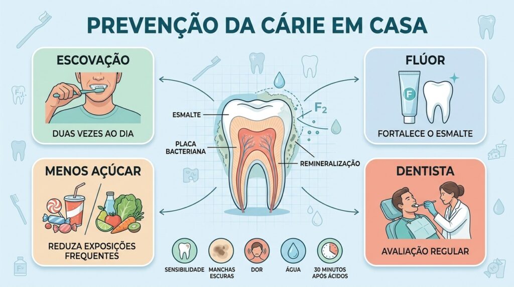 Escovação, flúor, alimentação equilibrada e consultas formam a base da prevenção.