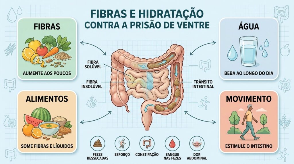 Água, fibras, alimentos ricos em líquidos e movimento favorecem o funcionamento intestinal.