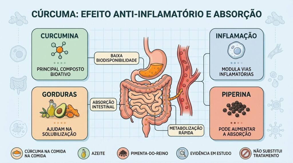 Curcumina modula vias inflamatórias, mas sua absorção depende da forma de consumo.