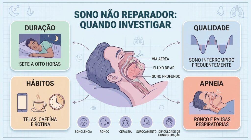 Qualidade do sono, hábitos noturnos e sinais respiratórios ajudam a investigar o cansaço persistente.