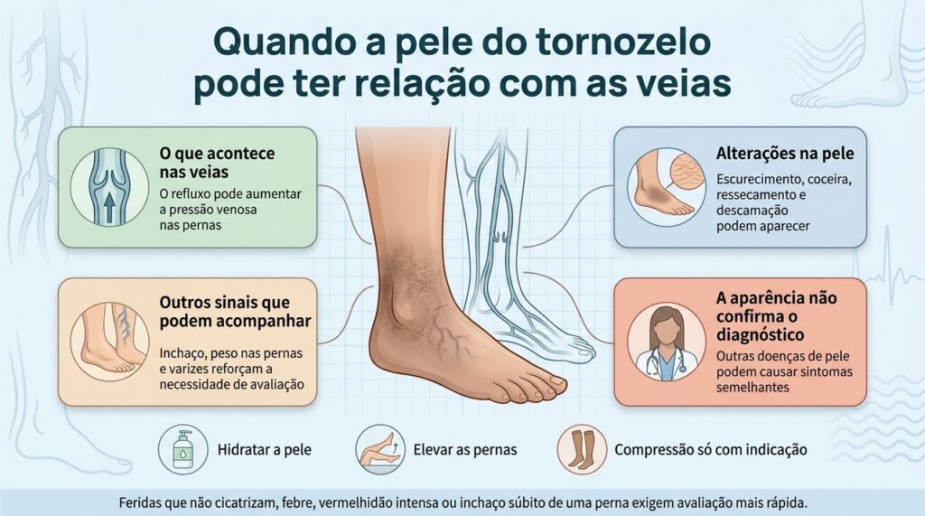 Alterações persistentes perto do tornozelo podem ter relação com insuficiência venosa, mas precisam ser diferenciadas de outras causas de pele.